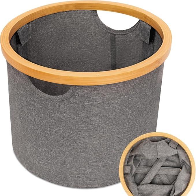 Cesta de Tela Plegable para Ropa Sucia Redonda 30x24.5cm con Asa de Bambú Cesta Organizadora Multiusos para Lavandería Baño y Dormitorio Material Tela Gris y Asa de Bambú