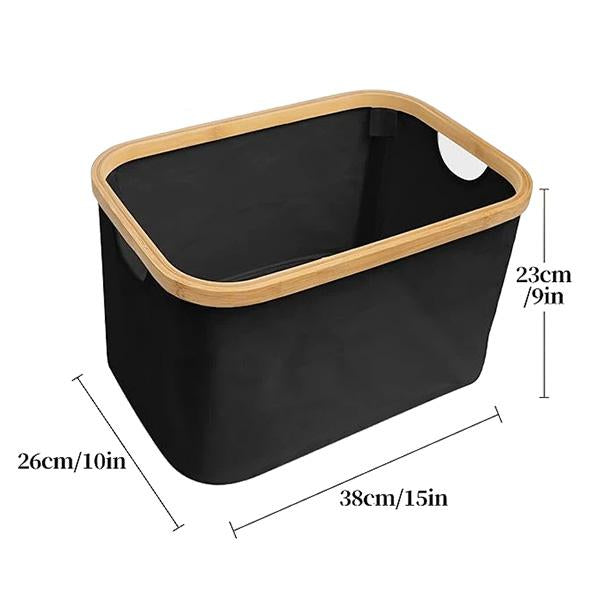 Cesto de Tela Plegable Negro Rectangular con Asa de Bambú Organizador Multiuso para Lavandería Baño Dormitorio Resistente y Duradero Ideal para Ropa Sucia