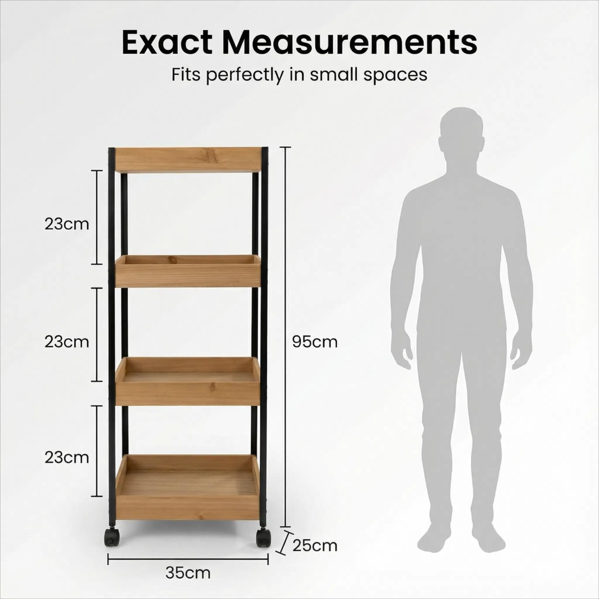 Estante Multinivel con Ruedas 4 Pisos Madera y Metal 95cm×32cm×25cm Organización para Cocina Baño y Dormitorio Movilidad sin Esfuerzo Estructura Resistente