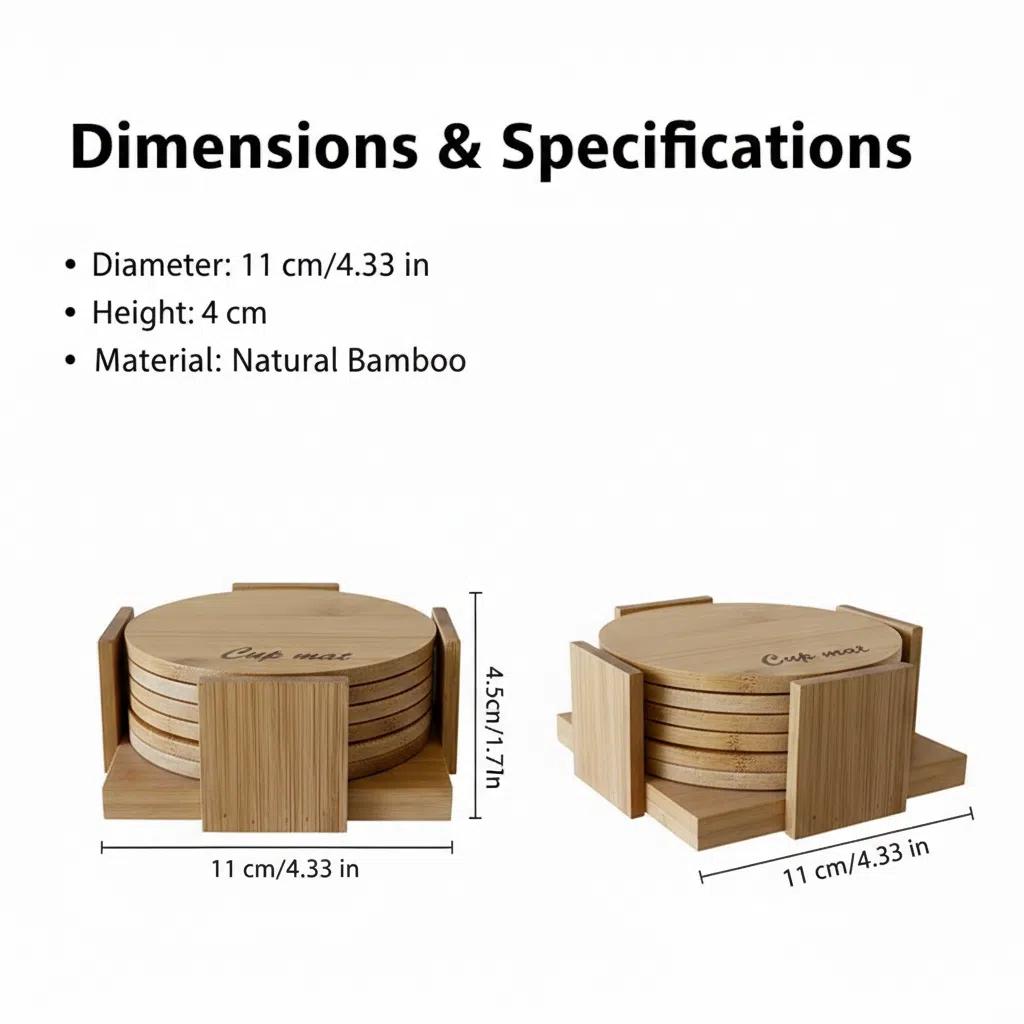 Posavasos de Bambú RS02183 con Soporte Organizador Antideslizante para Mesa Decorativos y Protectoras de Madera Clara 11cm×11cm×0.44cm