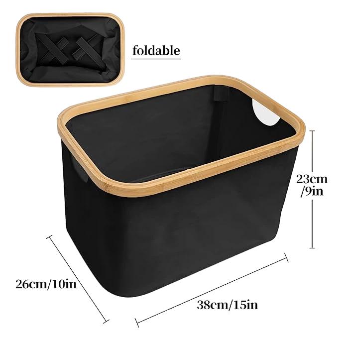 Cesto de Tela Plegable Negro Rectangular con Asa de Bambú Organizador Multiuso para Lavandería Baño Dormitorio Resistente y Duradero Ideal para Ropa Sucia