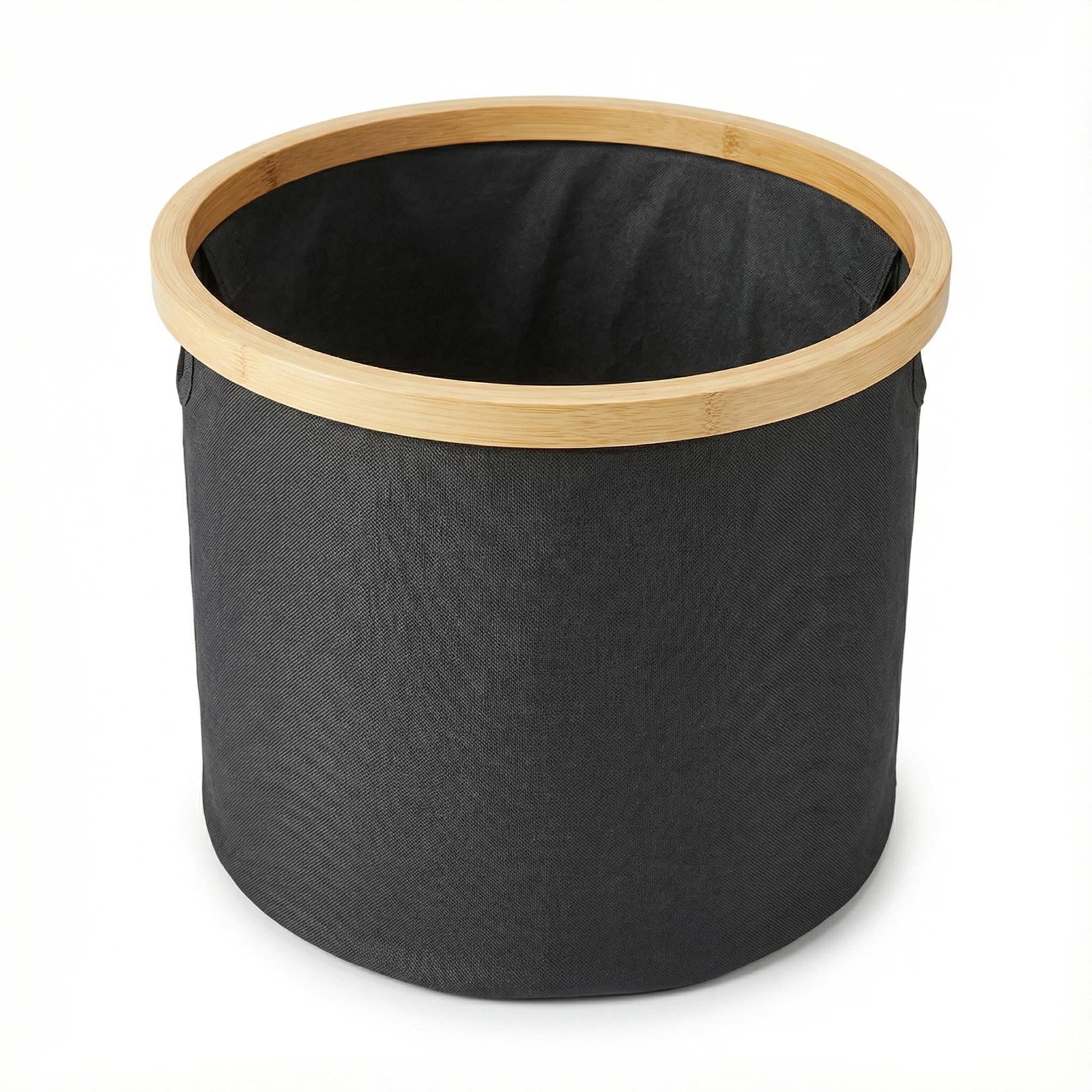 Cesto de Tela Plegable para Ropa Sucia Redondo 30x24.5cm con Asa de Bambú Organizador Multiuso para Lavadero Baño Dormitorio Material Tela Gris y Asa de Bambú