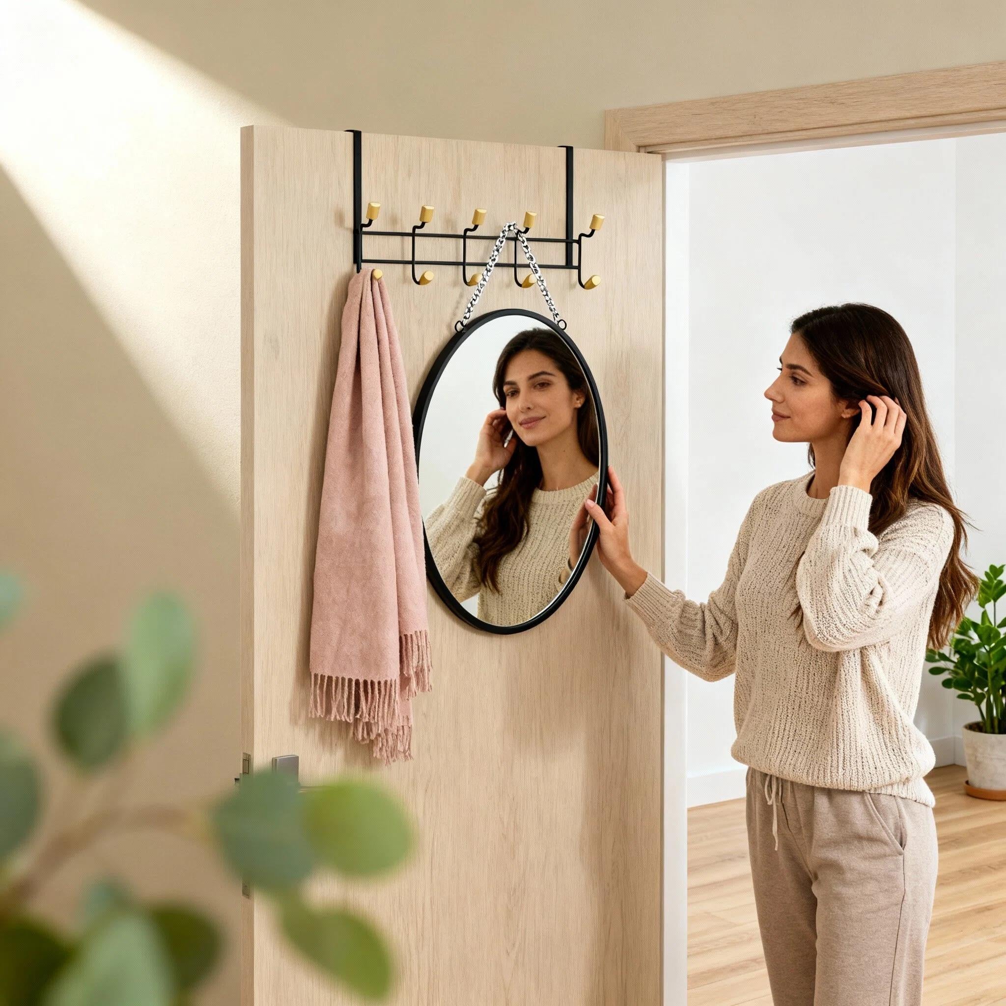 Conjunto organizador | Ganchos para puerta + espejo ovalado | Combinación de metal y madera