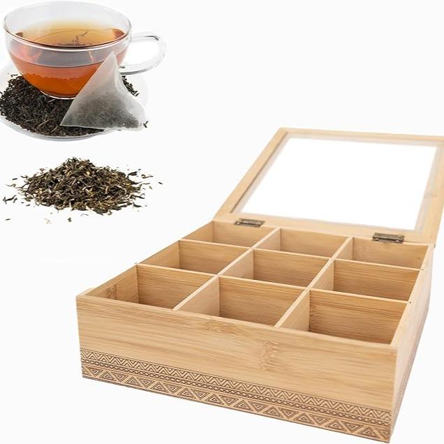 Caja Organizadora de Té de Bambú Natural con 9 Compartimentos y Tapa de Vidrio Transparente Ecológica y Resistente para Té Negro Verde Blanco Material Resistente Diseño Minimalista