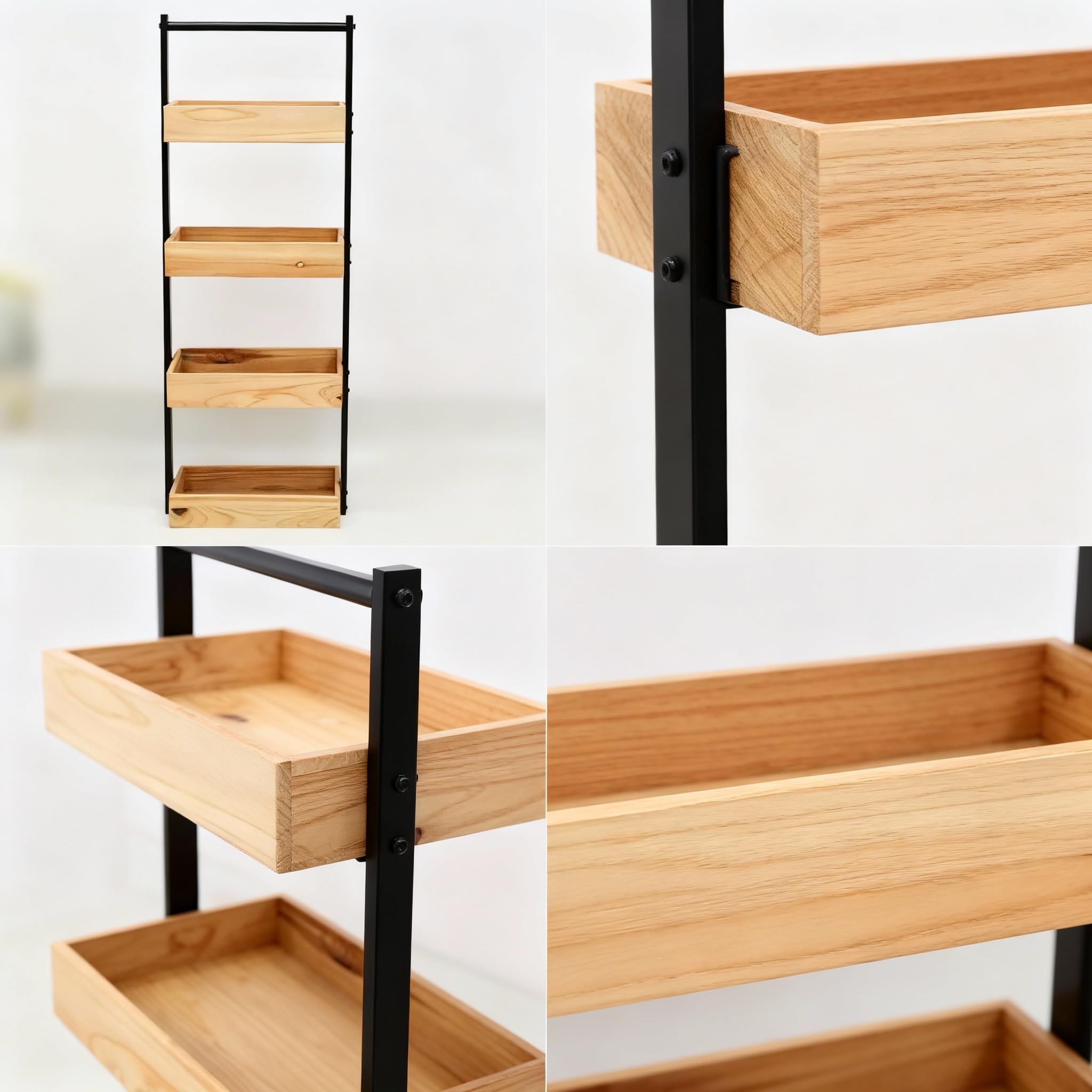4-Tier Metal and Wood Shelving Unit with Open Trays – Storage for Kitchen, Bathroom or Living Room
