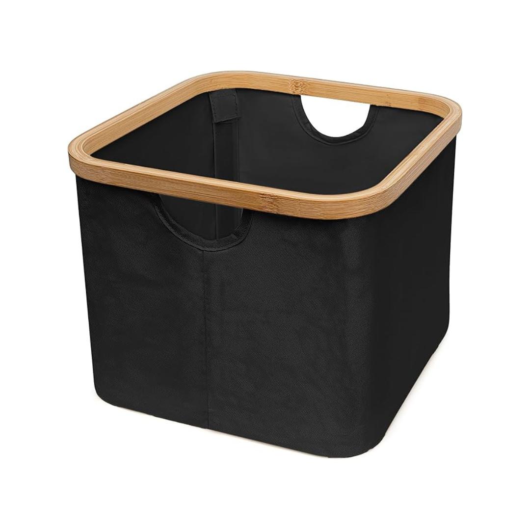 Cesto de Tela Plegable Cuadrado 30x30x24.5cm con Asa de Bambú Organizador Multiuso para Ropa Sucia Lavadero Baño Dormitorio Negro Gris Blanco Compacto y Portátil para Hogar