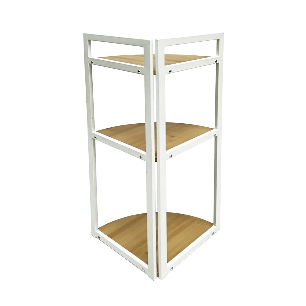 LIN HOME XZ-22123 plank van natuurlijk hout, piramide met metalen frame voor badkamer, kast, wasruimte, multifunctioneel 3 niveaus de almacenamiento de metal resistente a los arañazos alimentos y bebidas soportes y estanterías electrónica