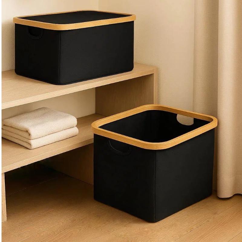 Cesto de Tela Plegable Negro Rectangular con Asa de Bambú Organizador Multiuso para Lavandería Baño Dormitorio Resistente y Duradero Ideal para Ropa Sucia