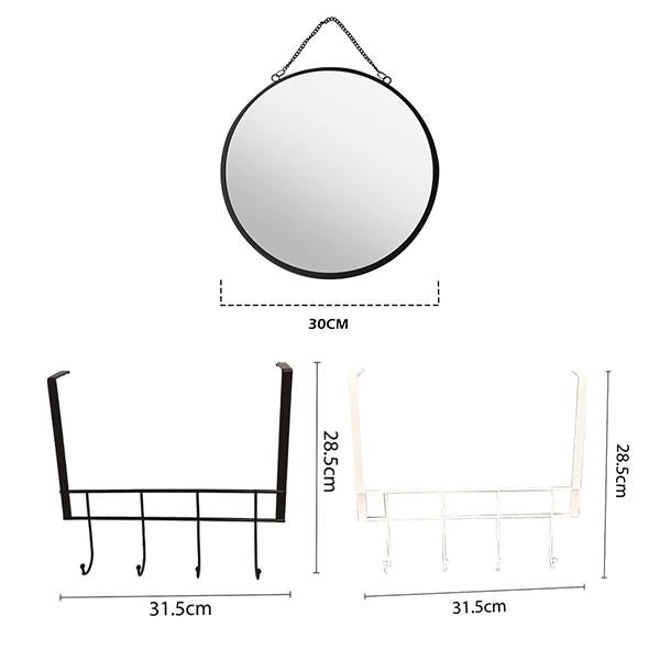 Set de Organización para Baño con Gancho para Puerta y Espejo Redondo de Alta Definición Metal Grueso y Antirroto Ideal para Ambientes Húmedos Dimensiones 31.5x28.5cm Organización Bano