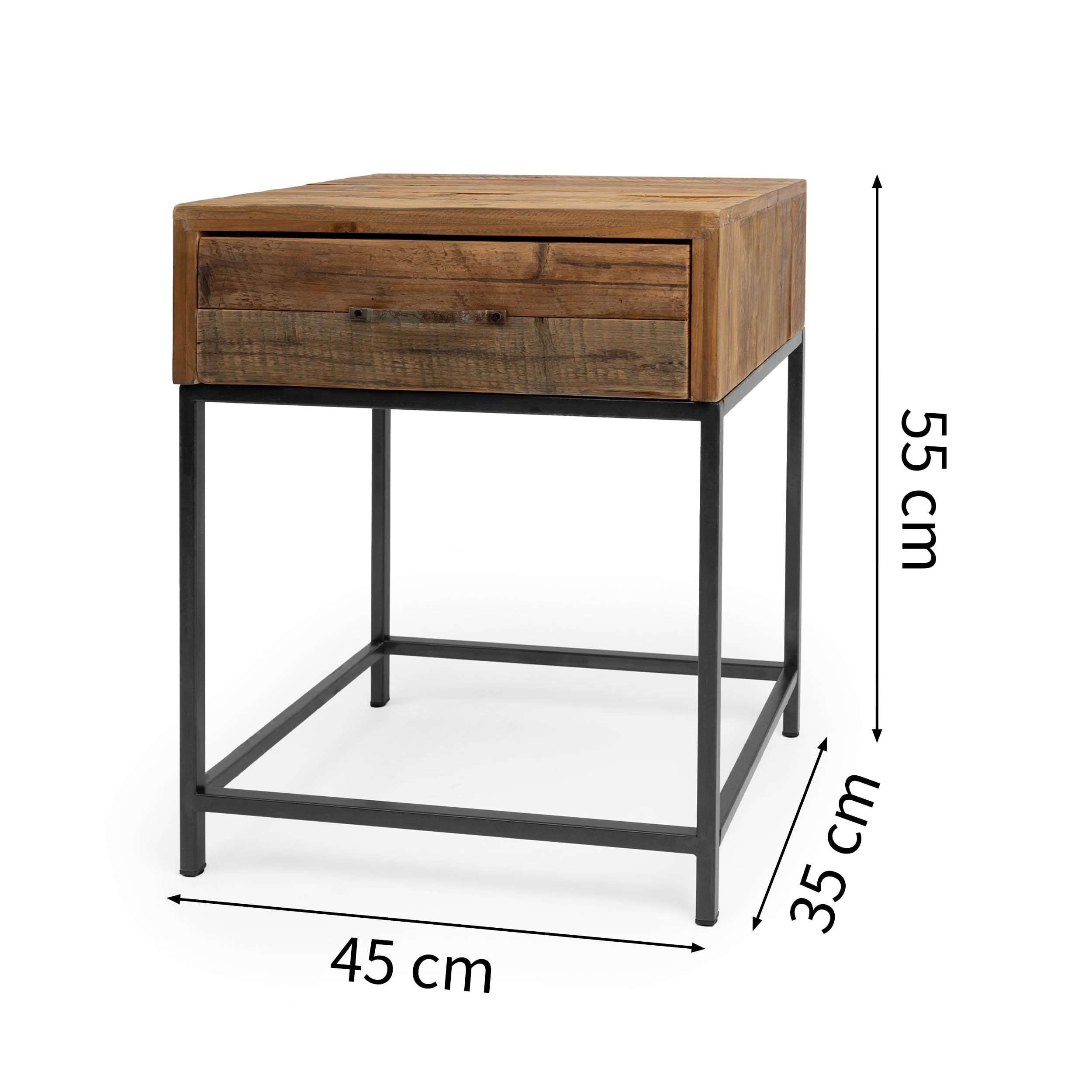 LIN HOME XZ-22143 Nochestand de Madera Antigua con Marco de Hierro, Mesa Auxiliar Industrial Vintage, Cajón Espacioso, 55x45x35 cm, Madera Natural y Hierro Negro