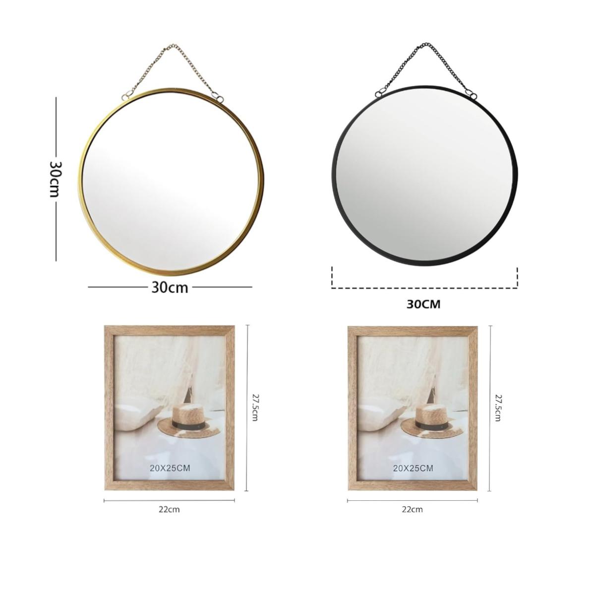 Set de Decoración Estilo Nórdico | Marco de Madera + Espejo Redondo Dorado | Decoración Hogar