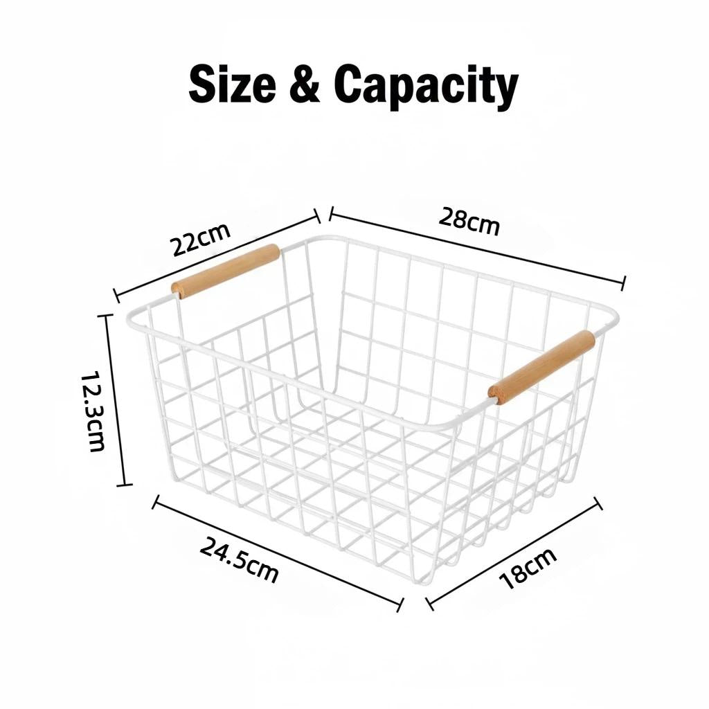 Canasta de Metal con Mango de Madera Diseño Nórdico Multifuncional para Hogar Cocina Baño Dormitorio Sala de Estar Organización Moderna y Práctica 28x22x12.3 cm