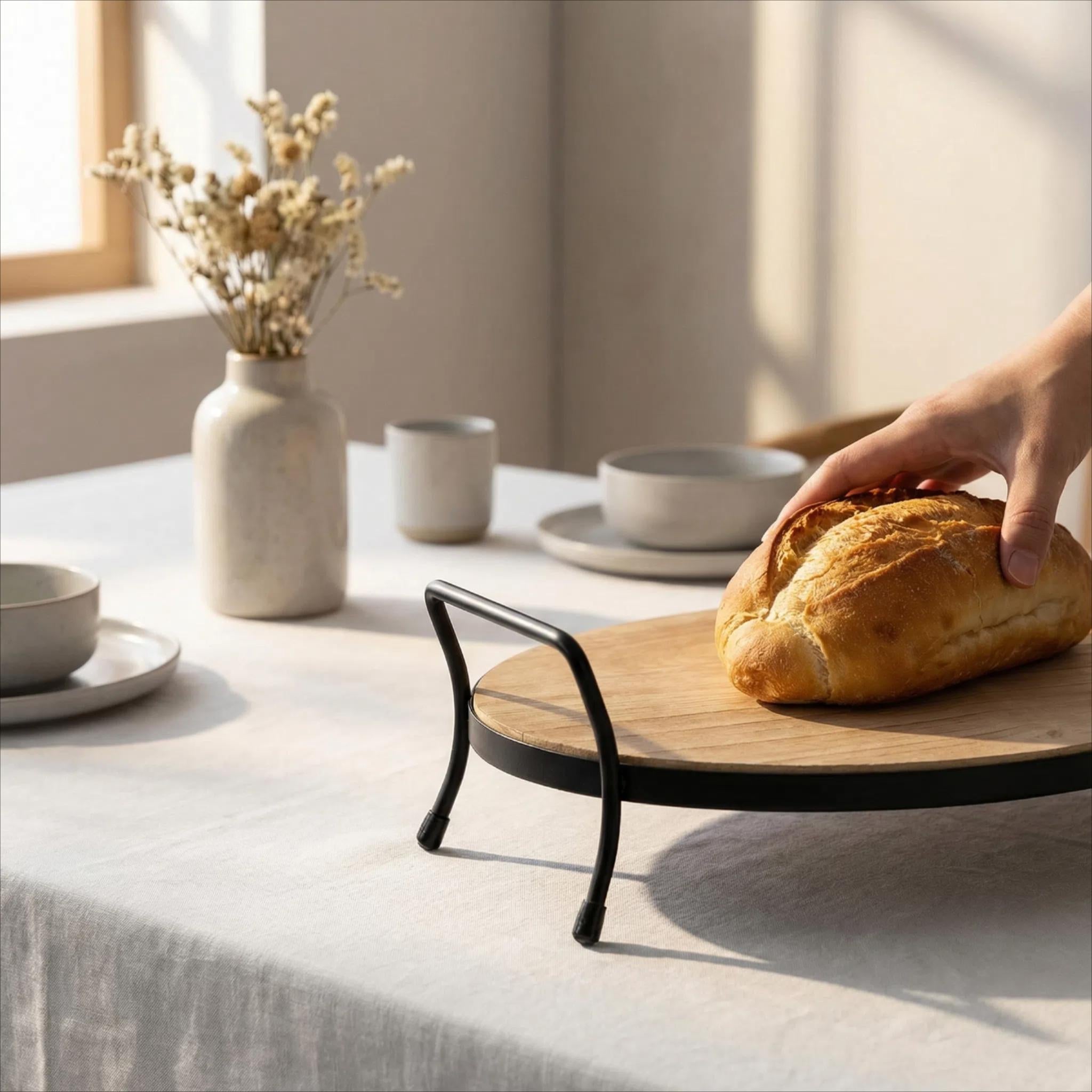 Bandeja de Madera Elíptica con Soporte de Metal Negro para Desayuno Creativo
