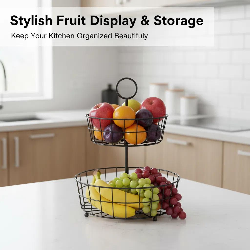 Canasta de frutas de metal negro de dos niveles Organizador de cocina Fruteros resistente con asa
