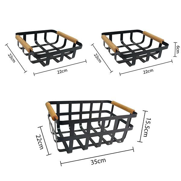 Cesta Organizadora Estilo Ins con Mango de Madera Natural y Marco de Metal Bandeja Multifunción para Frutas Snacks y Cosméticos 22x22x6cm Diseño Nórdico para Cocina y Sala de Estar