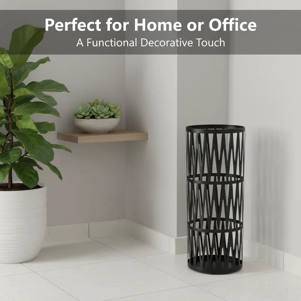 Marca Cubo de Escurrido para Paraguas Elegante Diseño Moderno en Plástico o Metal con Rejilla Perforada en Tonos Negros Ideal para Hogar u Oficina Rack de Almacenamiento Plegable