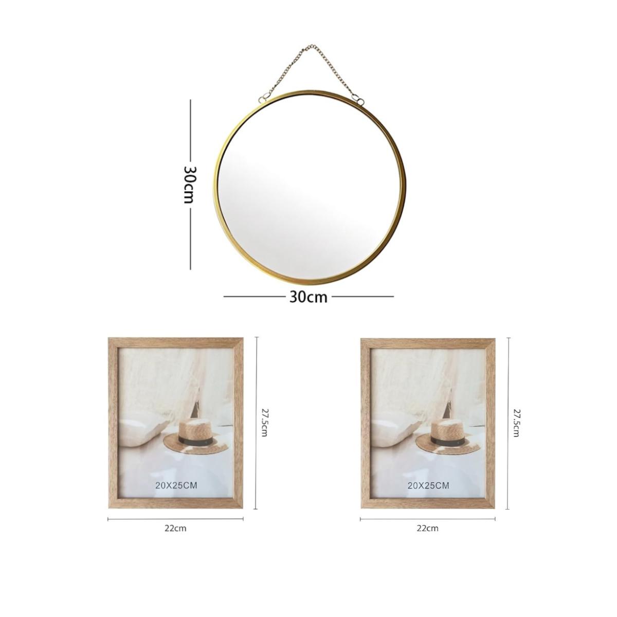 Set de Decoración Estilo Nórdico | Marco de Madera + Espejo Redondo Dorado | Decoración Hogar