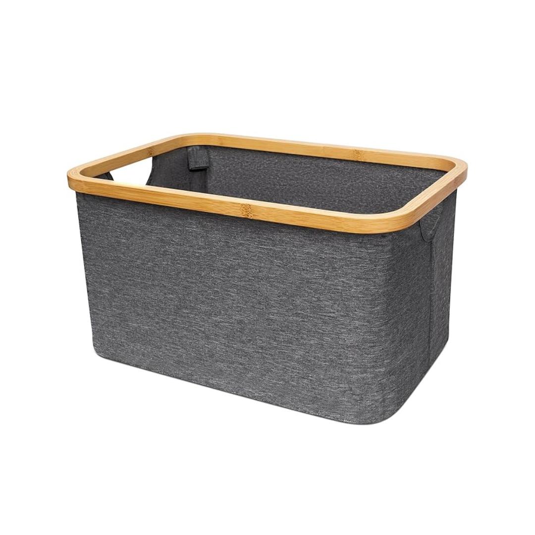 Cesto de Tela Plegable Negro para Ropa Sucia Rectangular 45x30x24.5cm con Asa de Bambú Organizador Multiuso para Lavandería Baño Dormitorio Resistente y Duradero