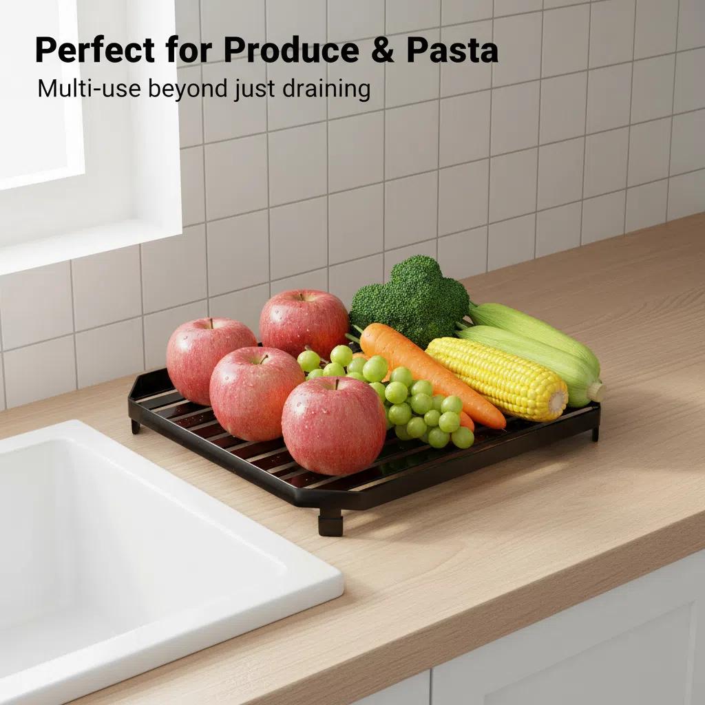 Estante de Escurrido para Fregaderos de Metal 29.5CM Organizador Multifuncional para Platos y Verduras Resistente a la Corrosión Diseño Permeable Ahorra Espacio Fácil de Instalar Ideal para Cocina