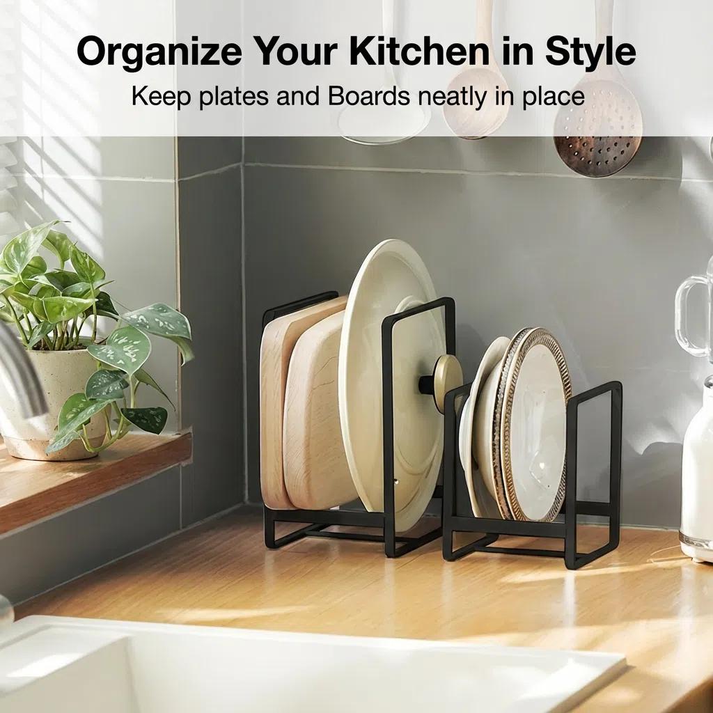 Set de 3 para Organización de Cocina | Porta-Platos Grande+Pequeño + Canasta de Frutas | Metal Antirroto