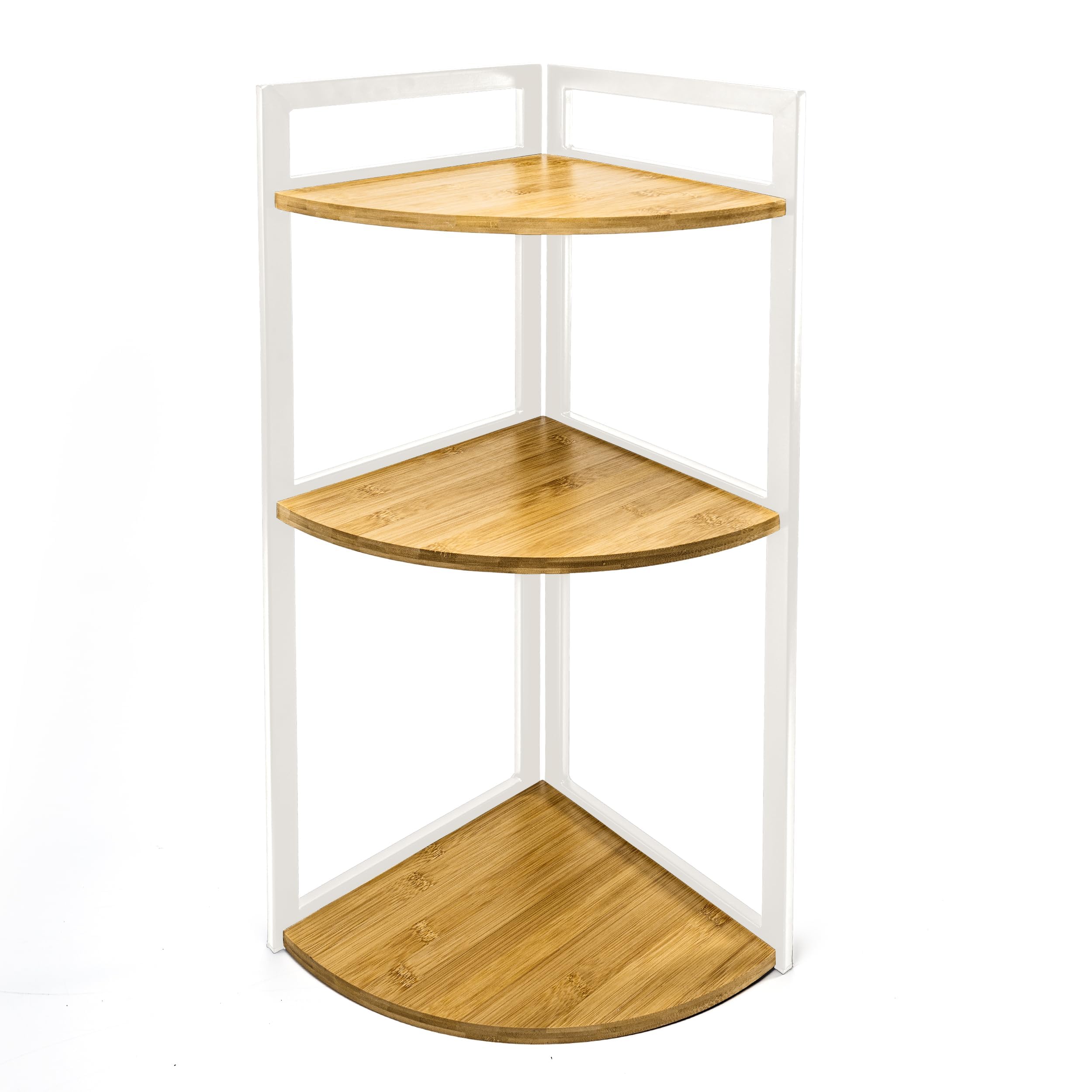 LIN HOME XZ-22123 plank van natuurlijk hout, piramide met metalen frame voor badkamer, kast, wasruimte, multifunctioneel 3 niveaus de almacenamiento de metal resistente a los arañazos alimentos y bebidas soportes y estanterías electrónica