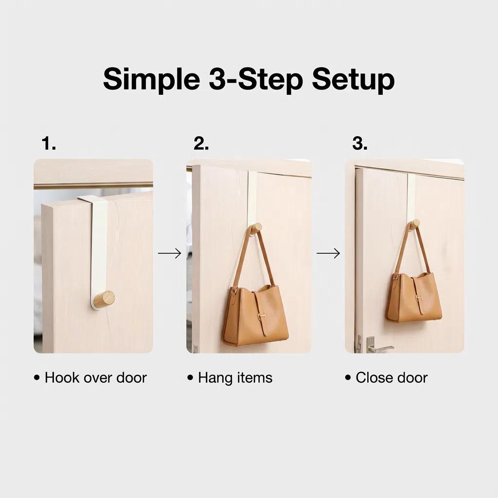 Gancho de Hierro y Madera Sin Taladrar - Organizador Moderno Multifuncional para Puerta, Instalación Fácil, Materiales de Calidad, Dimensiones Precisas, Ideal para Ropa y Bolsas
