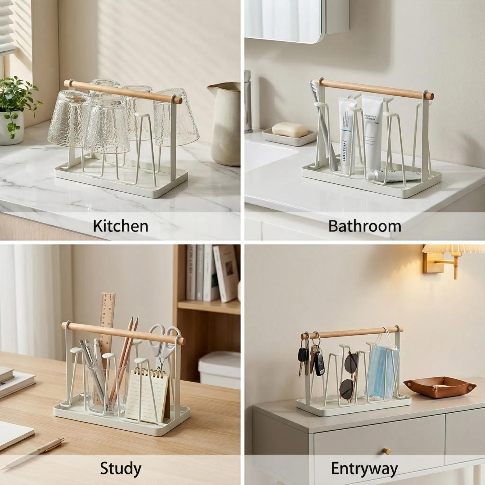 Portavasos de Metal con 6 Espacios y Asa de Madera Porta-esponja para fregadero Diseño Moderno y Resistente para Cocinas Pequeñas y Estilo