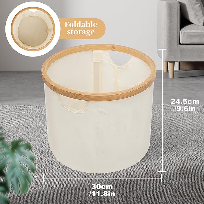 Cesta Organizadora de Tela con Marco de Bambú Ecológico Resistente para Almacenamiento Inteligente y Decoración Moderna con Diseño de Doble Espacio y Asas Resistentes