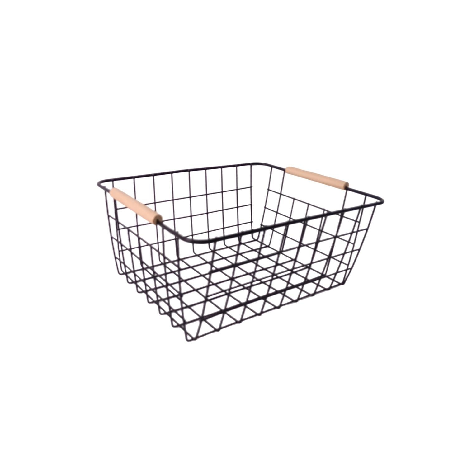 Canasta de Metal con Mango de Madera Diseño Nórdico Multifuncional para Hogar Cocina Baño Dormitorio Sala de Estar Organización Moderna y Práctica 28x22x12.3 cm