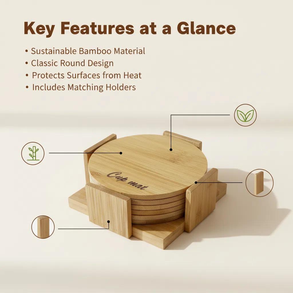 Posavasos de Bambú RS02183 con Soporte Organizador Antideslizante para Mesa Decorativos y Protectoras de Madera Clara 11cm×11cm×0.44cm