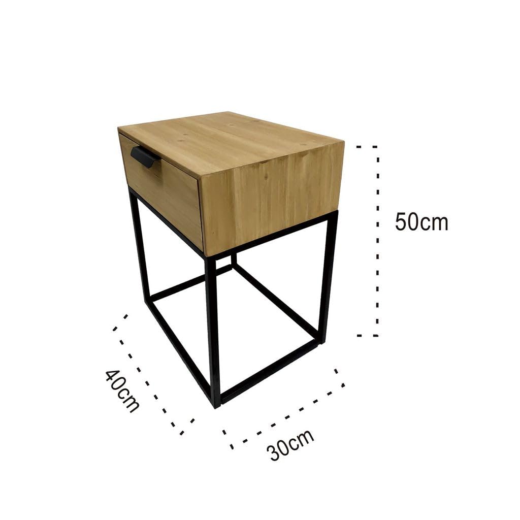 LIN HOME XZ-22161 Mesita de Noche de Madera Natural con Estructura de Hierro Cajón 50x40x30 cm Estilo Minimalista Ideal para Dormitorios Pequeños