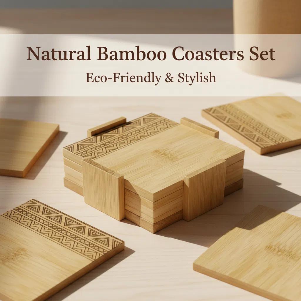 Set de posavasos de bambú con organizador 6 piezas diseño geométrico protector de mesa Bandejita de madera