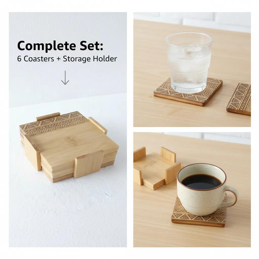 Set de posavasos de bambú con organizador 6 piezas diseño geométrico protector de mesa Bandejita de madera