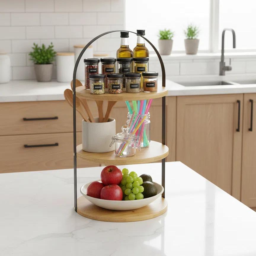 Conjunto de Tres Bandejas Circulares de Bambú y Madera con Asas Metálicas para Cocina Organización Doméstica y Decoración Versátil 23 cm