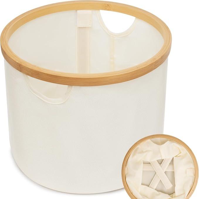 Cesta de Tela Plegable para Ropa Sucia Redonda 30x24.5cm con Asa de Bambú Cesta Organizadora Multiusos para Lavandería Baño y Dormitorio Material Tela Gris y Asa de Bambú
