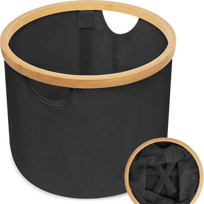 Cesta de Tela Plegable para Ropa Sucia Redonda 30x24.5cm con Asa de Bambú Cesta Organizadora Multiusos para Lavandería Baño y Dormitorio Material Tela Gris y Asa de Bambú