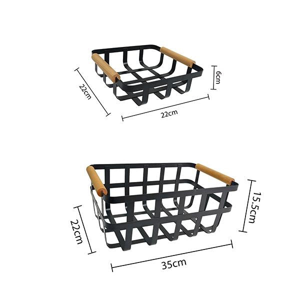 Cesta Organizadora Estilo Ins con Mango de Madera Natural y Marco de Metal Bandeja Multifunción para Frutas Snacks y Cosméticos 22x22x6cm Diseño Nórdico para Cocina y Sala de Estar