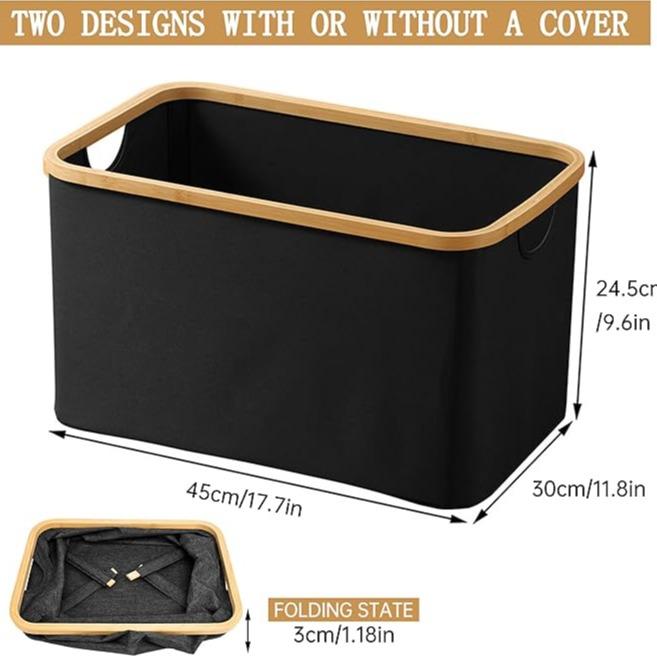 Cesto de Tela Plegable Negro Rectangular con Asa de Bambú Organizador Multiuso para Lavandería Baño Dormitorio Resistente y Duradero Ideal para Ropa Sucia