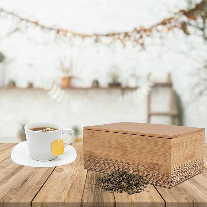 Caja Organizadora de Bambú RS02175 Forma de Cubo Mini Multifuncional con Vetas Naturales 10cmx10cmx7cm Diseño Etnico y Boho-Chic para Cocina Sostenible Material FSC Resistente y Sin Químicos Incluye Base Antideslizante