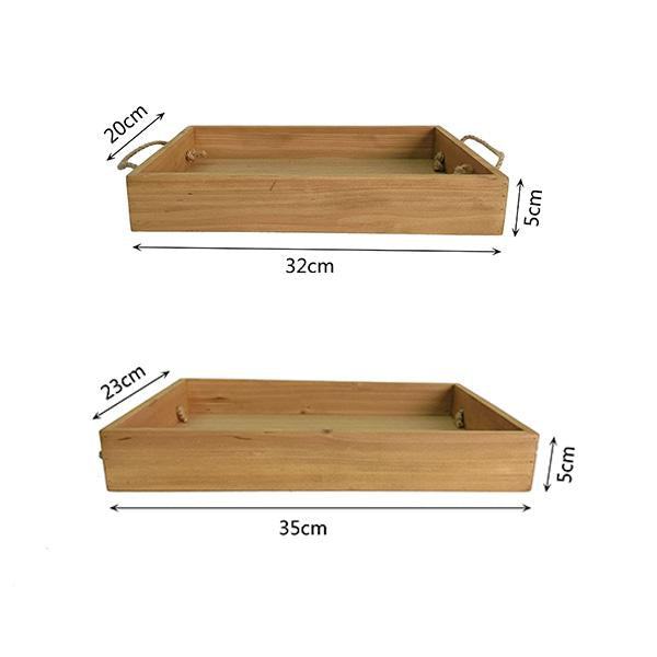 Bandeja de Madera Natural Set de Dos con Asa de Cuerda 32cmx20cmx5cm y Mango 35cmx23cmx5cm para Organización y Decoración Hogar DIY Resistente y Duradero Sin Pintura Ecológica