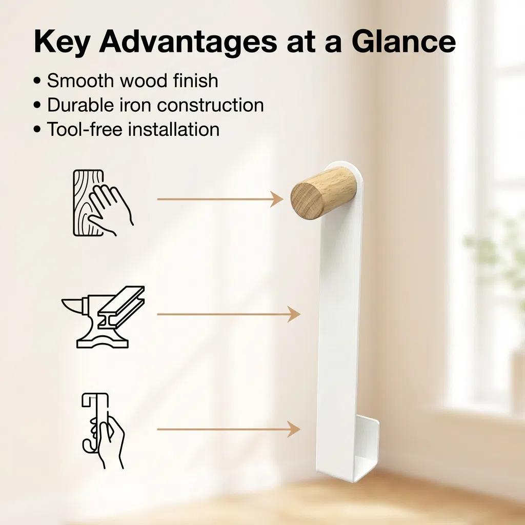 Gancho de Hierro y Madera Sin Taladrar - Organizador Moderno Multifuncional para Puerta, Instalación Fácil, Materiales de Calidad, Dimensiones Precisas, Ideal para Ropa y Bolsas