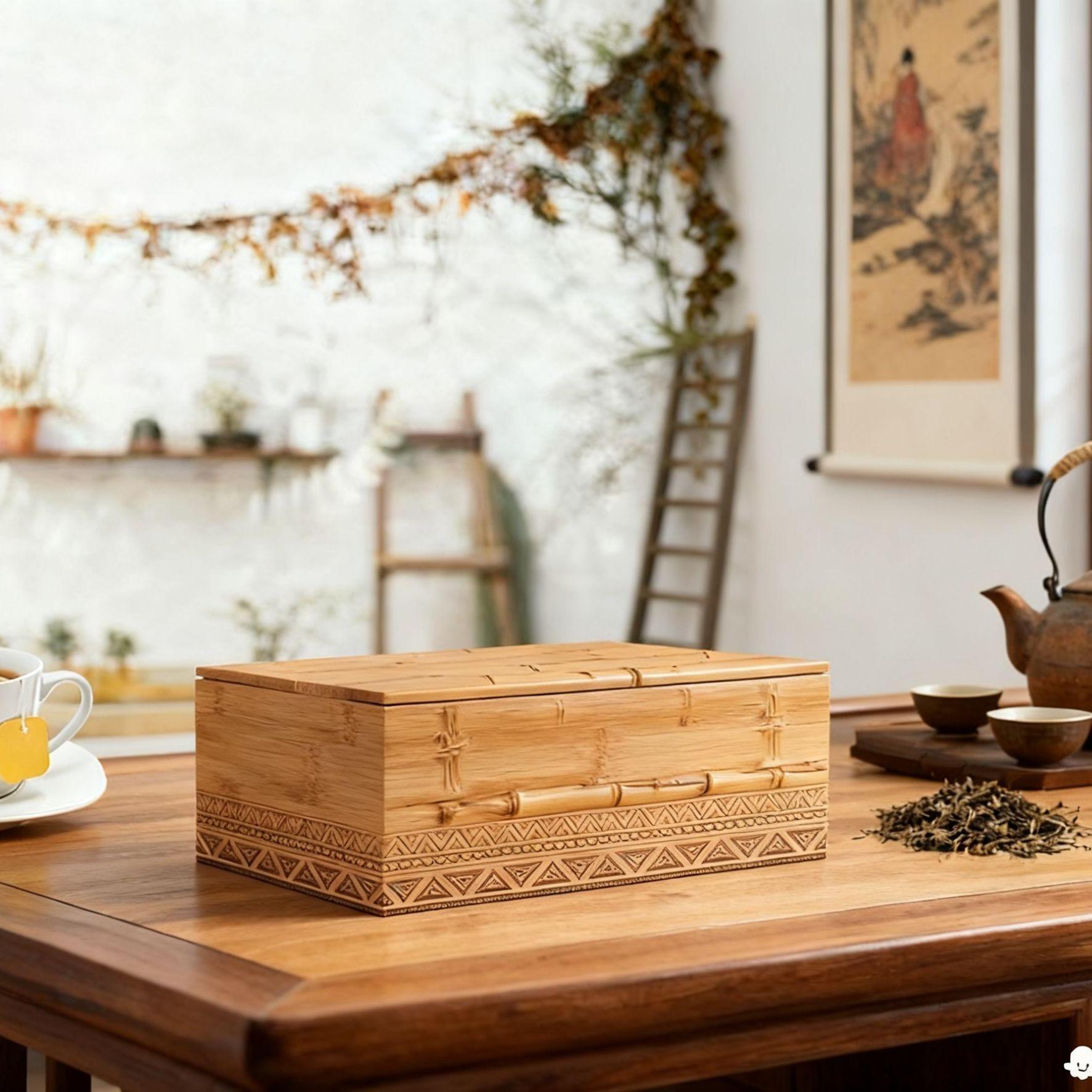 Caja Organizadora de Bambú RS02175 Forma de Cubo Mini Multifuncional con Vetas Naturales 10cmx10cmx7cm Diseño Etnico y Boho-Chic para Cocina Sostenible Material FSC Resistente y Sin Químicos Incluye Base Antideslizante