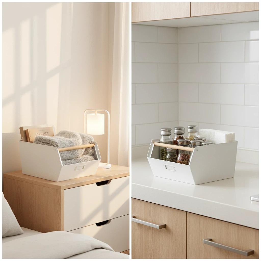 LIN HOME Set de 3 Cajas de Almacenamiento Metálicas Modulares Negro Mate y Blanco Crema Resistente a la Corrosión y Desgaste Capacidad 10kg para Oficina Dormitorio Cocina y Baño Soporte de bambú para cocina