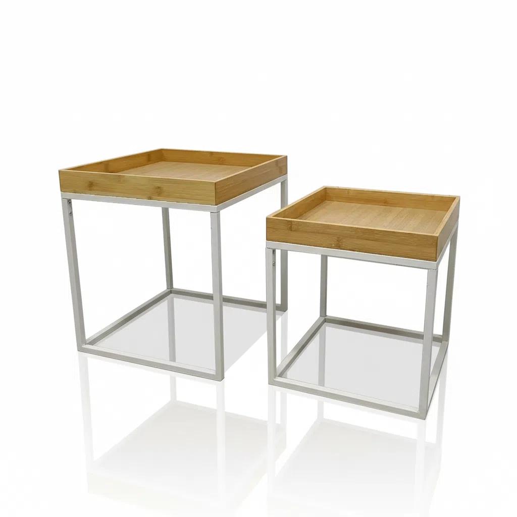 Mesa Auxiliar Combinable de Bambú y Metal para Sala de Estar 40x40x45 cm y 35x35x38 cm Estructura Metálica Resistente Superficie Natural Diseño Funcional Ahorradora de Espacio Ideal para Sofá o Terraza