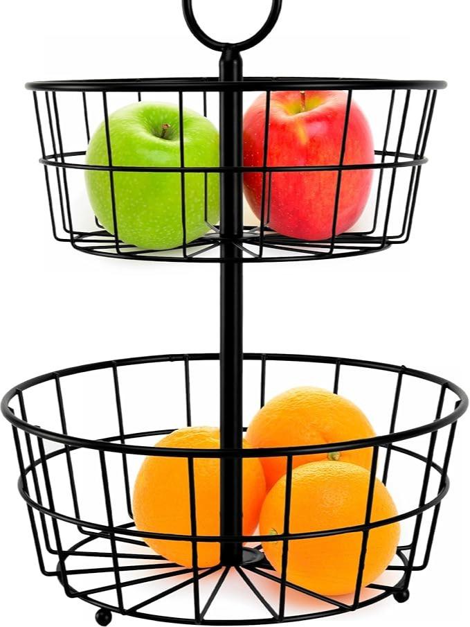 Canasta de frutas de metal negro de dos niveles Organizador de cocina Fruteros resistente con asa