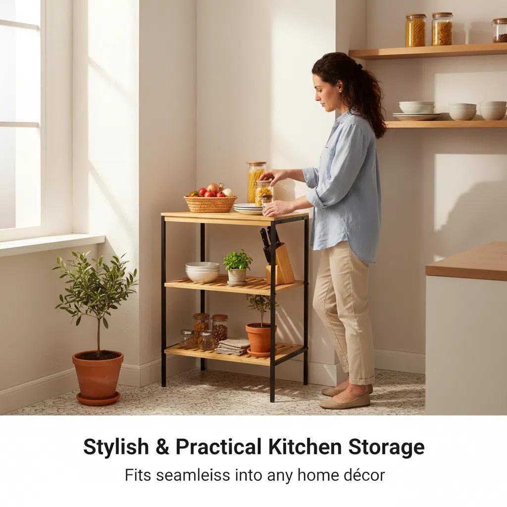 Estante de Bambú y Metal | Organizador Minimalista | Mueble Ecológico para el Hogar Rack de cocina en oferta