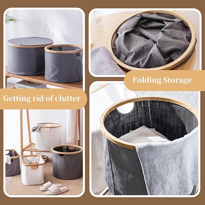 Cesta Organizadora de Tela con Marco de Bambú Ecológico Resistente para Almacenamiento Inteligente y Decoración Moderna con Diseño de Doble Espacio y Asas Resistentes