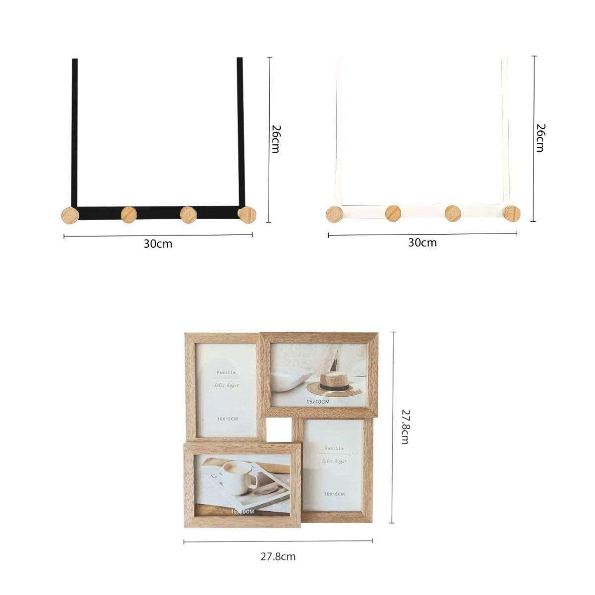 Set de Decoración y Organización | Perchero de 4 Ganchos + Marcos de Madera