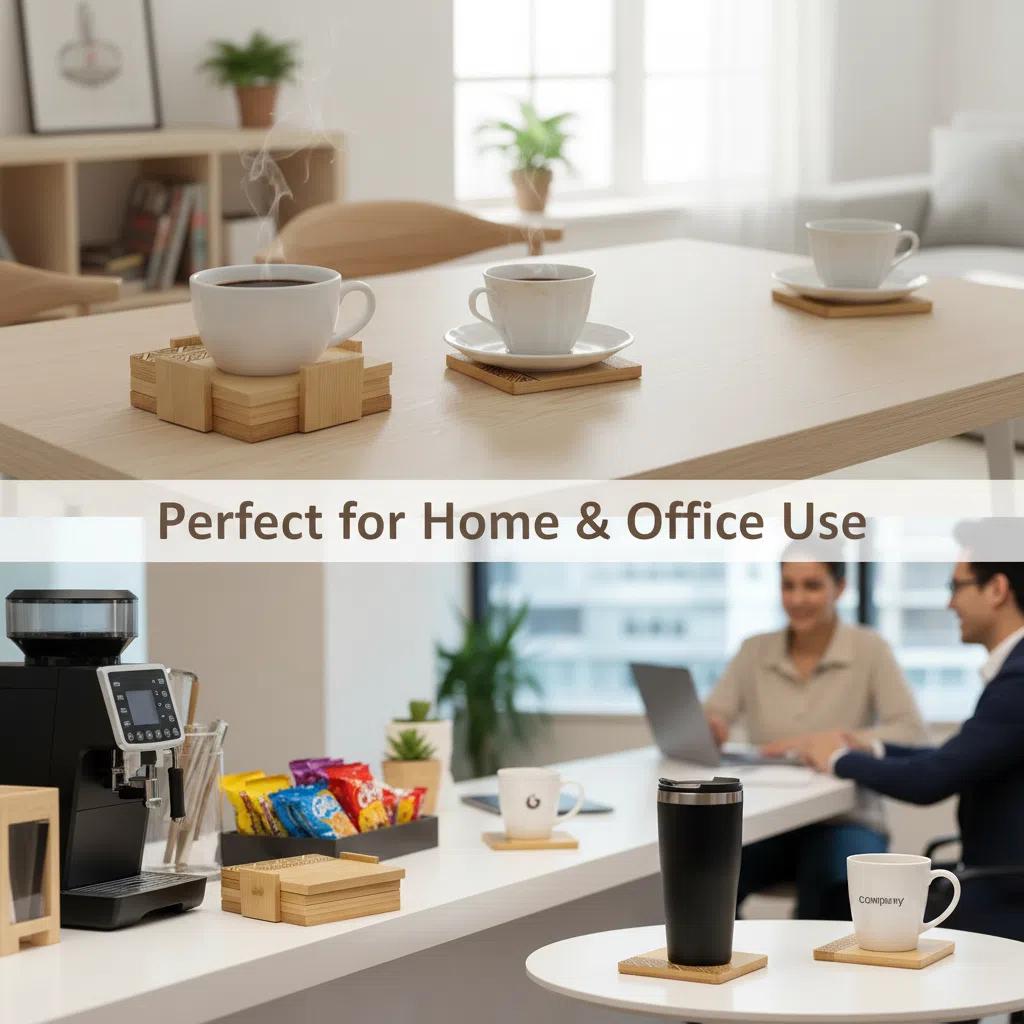 Set de posavasos de bambú con organizador 6 piezas diseño geométrico protector de mesa Bandejita de madera