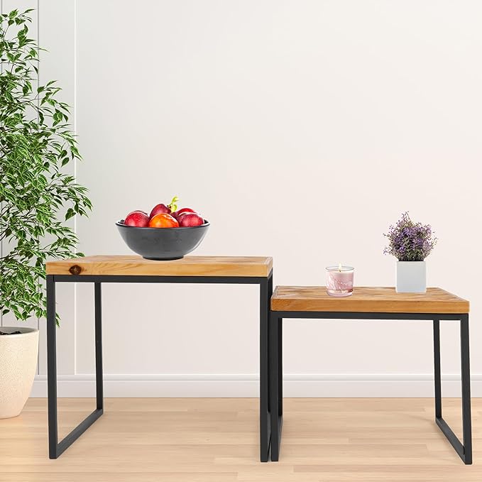 Mesa Auxiliar Combinable de Bambú y Metal para Sala de Estar 40x40x45 cm y 35x35x38 cm Estructura Metálica Resistente Superficie Natural Diseño Funcional Ahorradora de Espacio Ideal para Sofá o Terraza